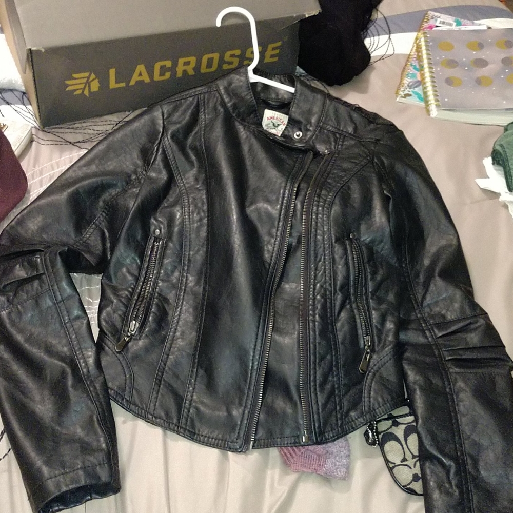 Faux leather jacket with lace lookoverlay